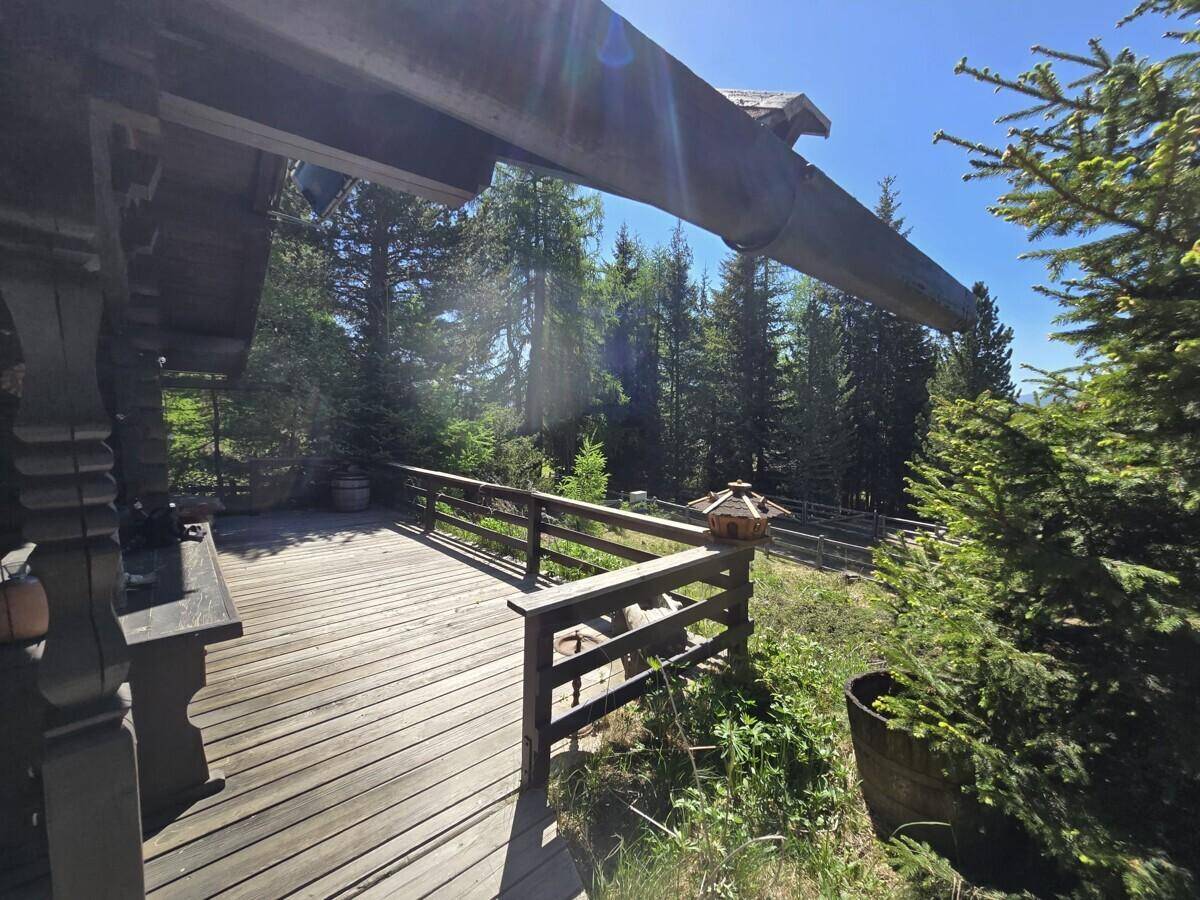 Sonnige Holzterrasse mit Geländer und Blick auf die umliegenden Wälder und Berge.