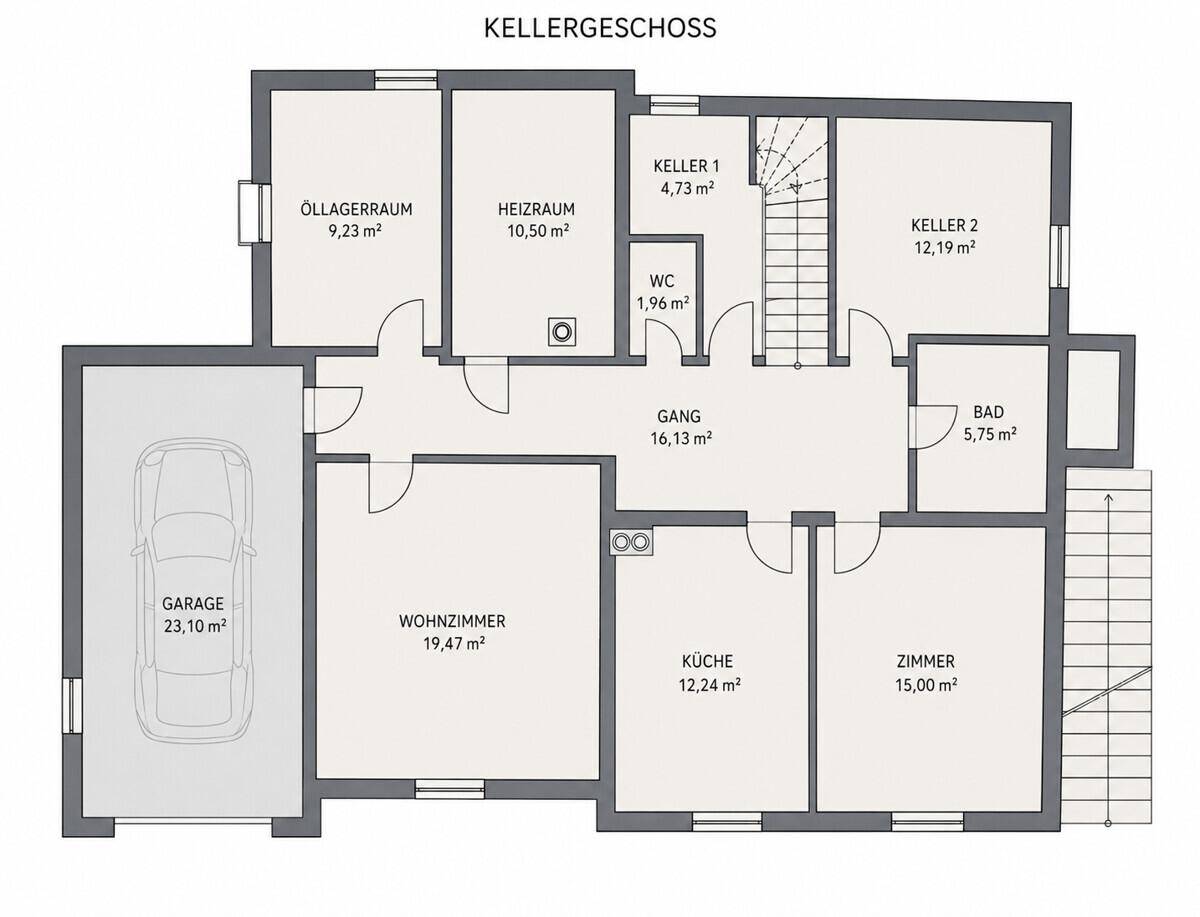 Grundriss des Kellergeschosses mit Garage, Wohnzimmer, Küche, Bad und weiteren Kellerräumen.
