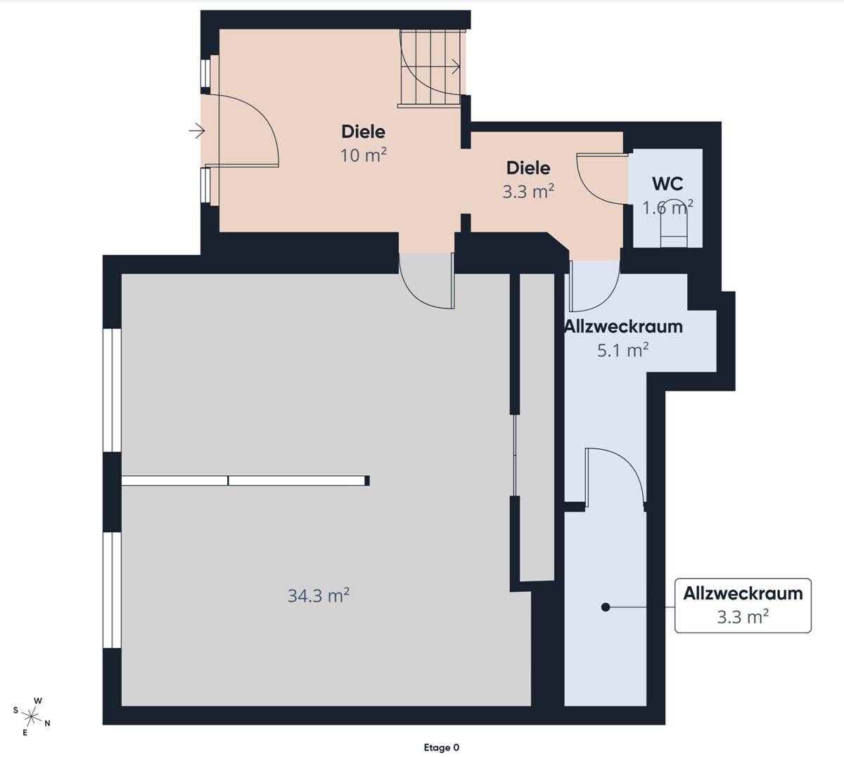 Grundriss des Erdgeschosses mit Diele, WC und großem Allzweckraum.