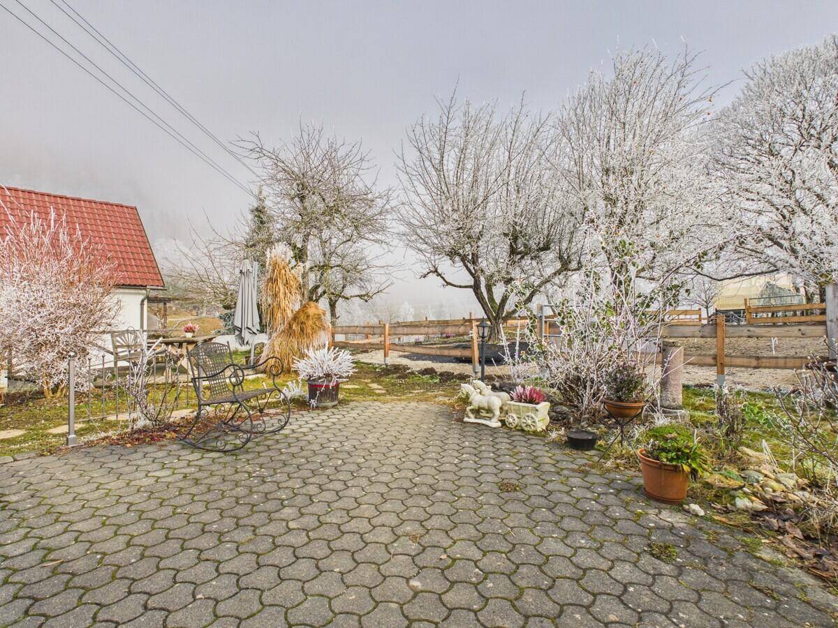Gepflasterter Hofbereich mit frostbedeckten Bäumen und Blick auf das Wohnhaus.