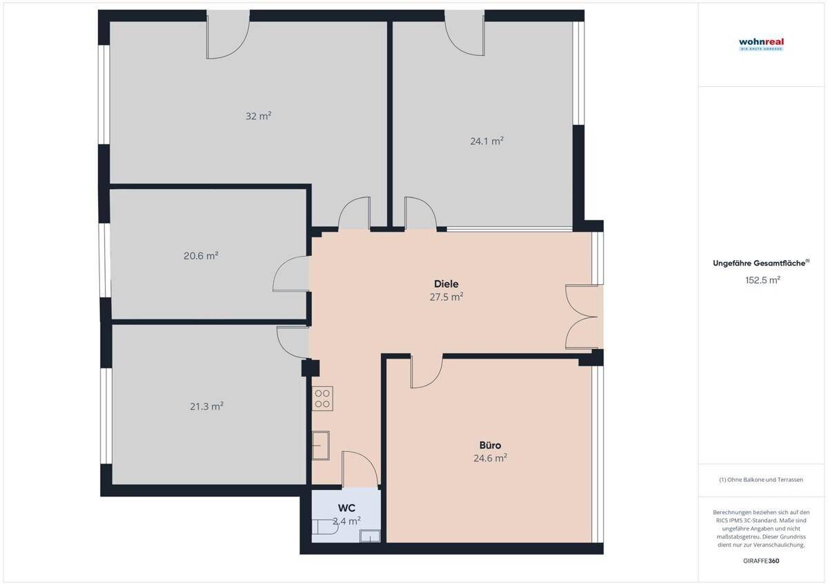 Grundriss einer Bürofläche von 152,5 m² mit mehreren Räumen und Diele.