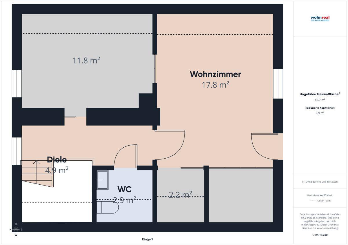 Grundriss der Etage 1 mit Wohnzimmer, Diele und einem weiteren WC.