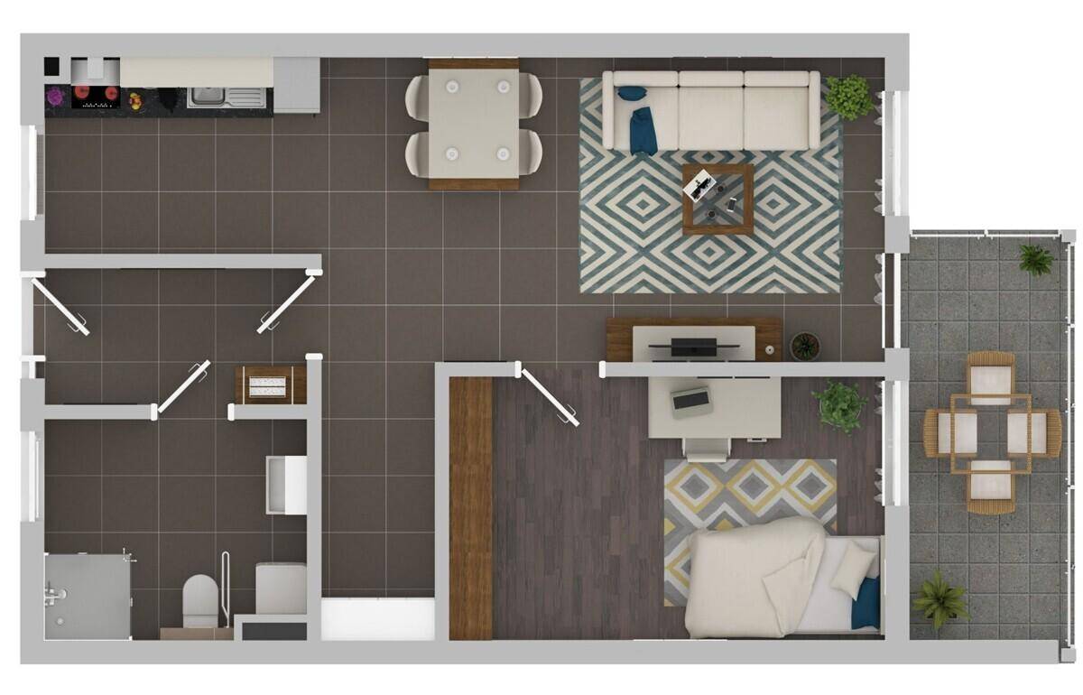 Detaillierter Grundriss einer Wohnung mit offenem Wohnbereich, Schlafzimmer und Balkon.