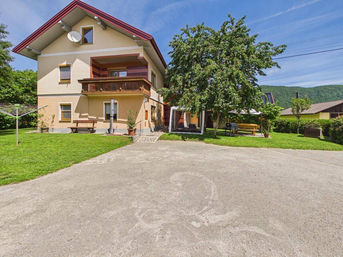 Vorderansicht des Wohnhauses mit großem Vorplatz und einem Baum im Vorgarten.