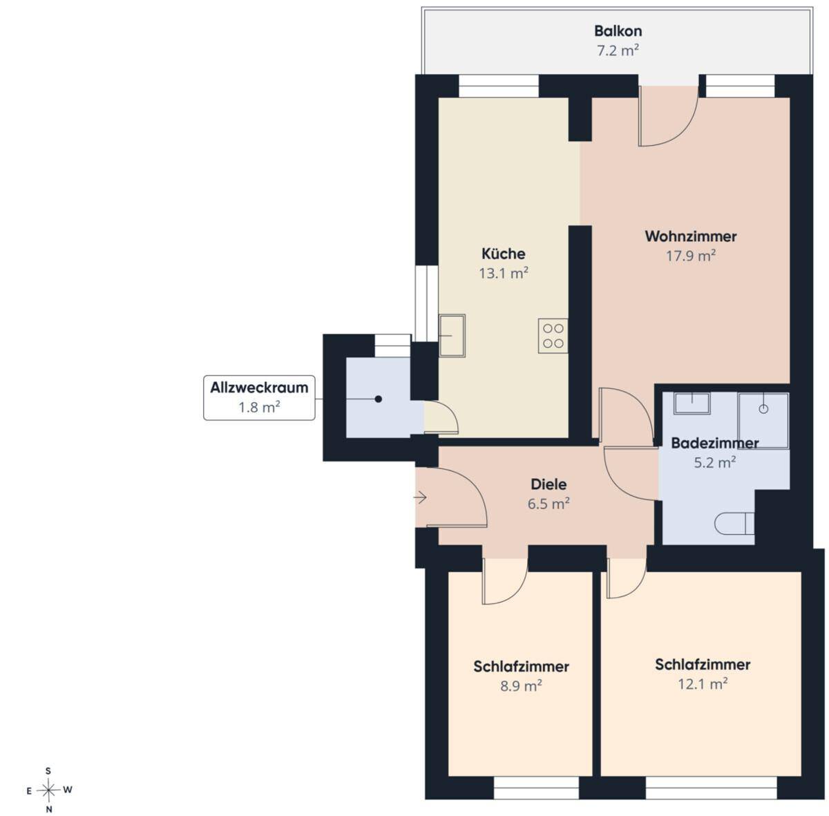 Grundriss der Wohnung mit Wohnzimmer, Küche, zwei Schlafzimmern und Balkon.