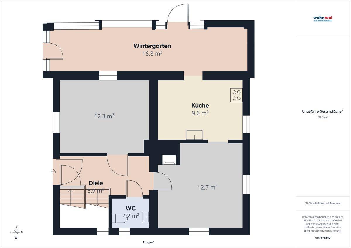 Grundriss der Etage 0 mit Wintergarten, Küche, Diele und separatem WC.