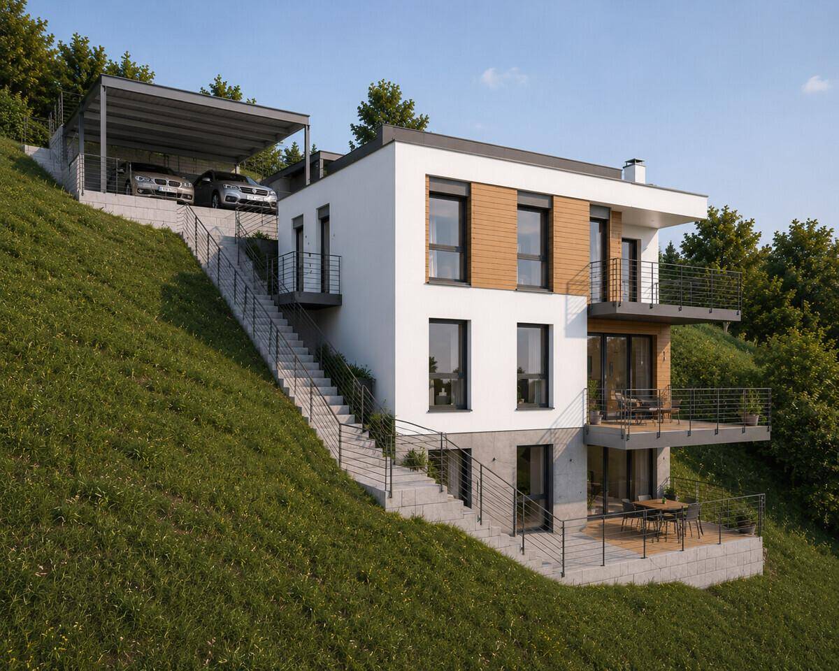 Modernes Hanghaus mit mehreren Ebenen, Balkonen und einem Carport auf dem Grundstück.