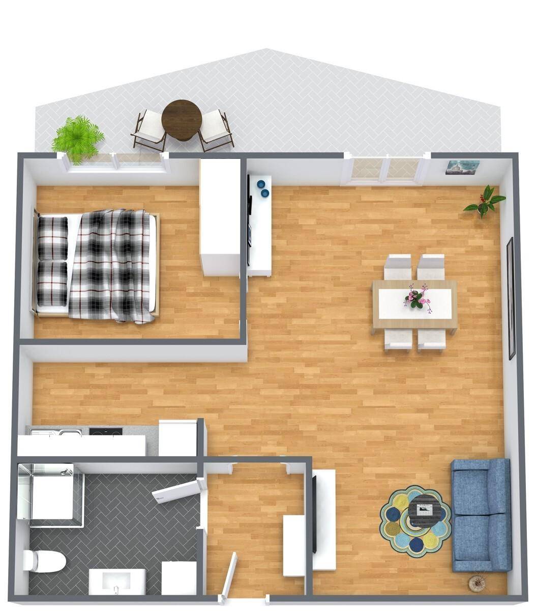 Grundriss einer Wohnung mit Schlafzimmer, offenem Wohnbereich, Küche und Terrasse.