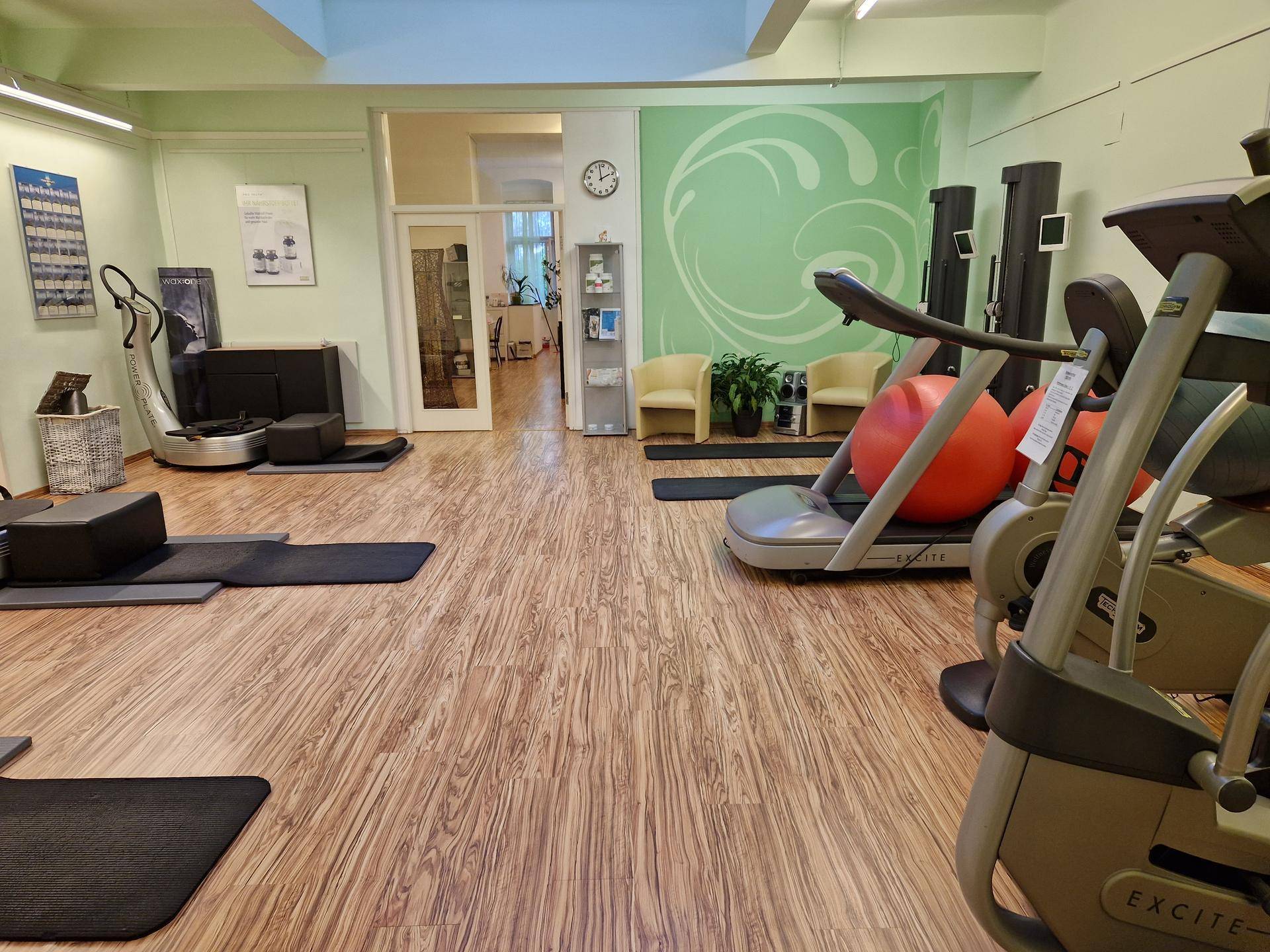 Großer Fitnessraum mit einer Vielzahl von Trainingsgeräten, grünen Wänden und Holzboden, hell und einladend.