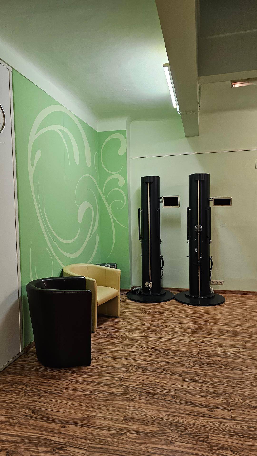 Ecke des Fitnessraums mit zwei modernen Sesseln und einer grünen Wand mit dekorativem Muster für eine entspannte Atmosphäre.