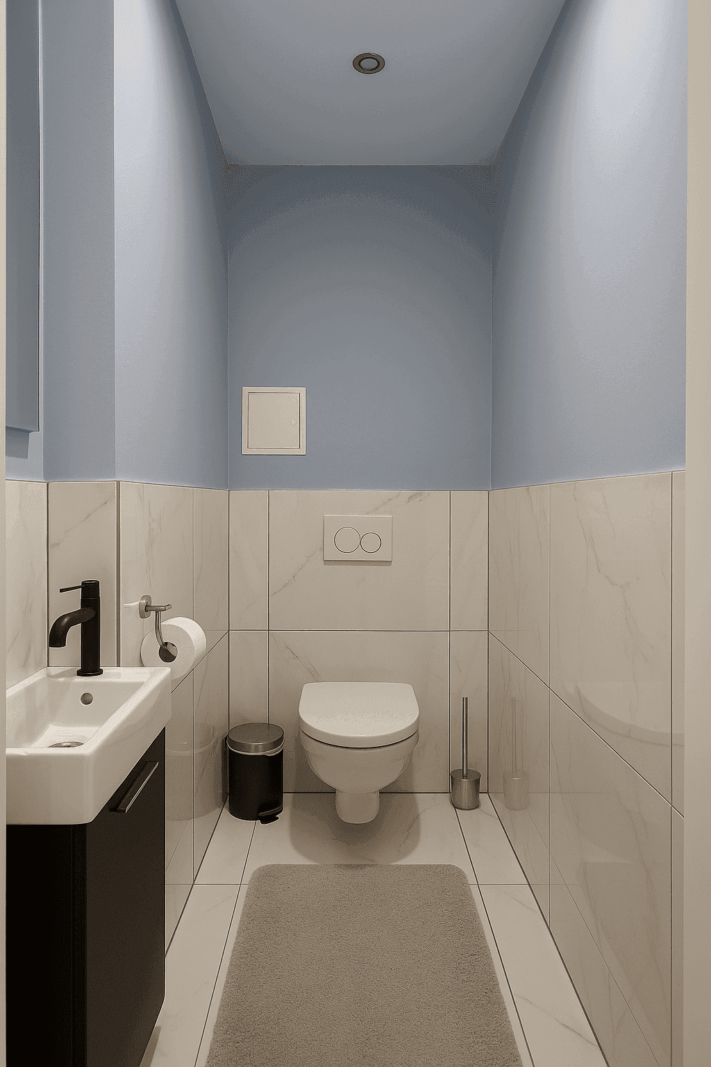 Modernes Gäste-WC mit blauen Wänden, wandhängendem WC und kleinem Waschbecken.