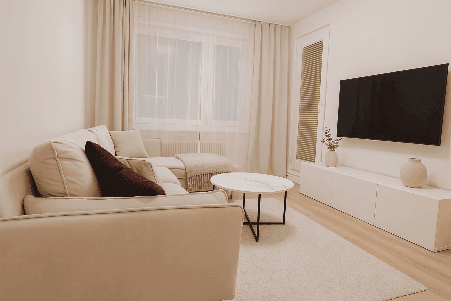 Gemütliches Wohnzimmer mit hellem Sofa, modernem Couchtisch und Wandfernseher.