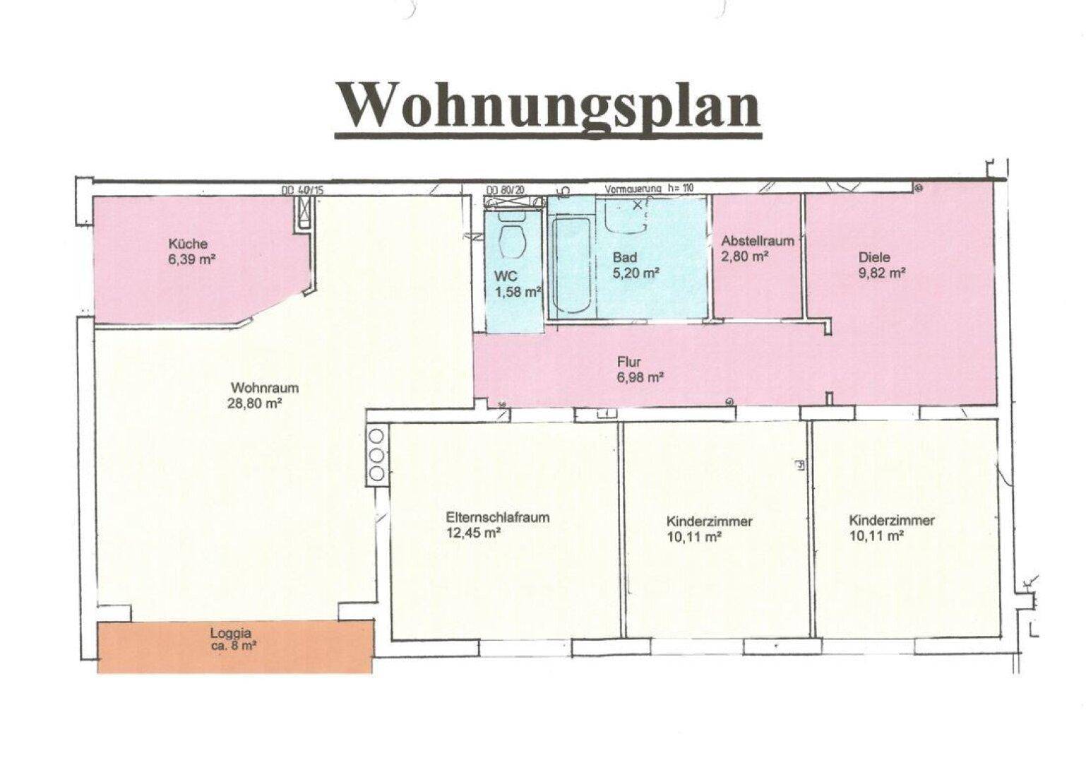 Detaillierter Wohnungsplan mit Raumaufteilung und Flächenangaben in Quadratmetern.