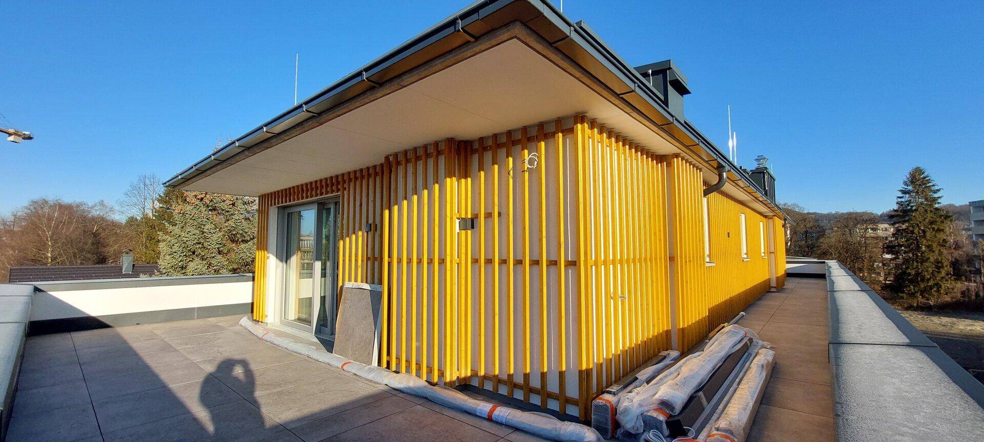 Sonnige Dachterrasse mit markanter gelber Holzlamellenfassade und weitem Blick.