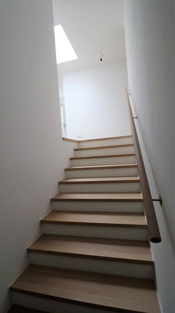 Moderner Treppenaufgang mit Holzstufen und schlichtem Handlauf.