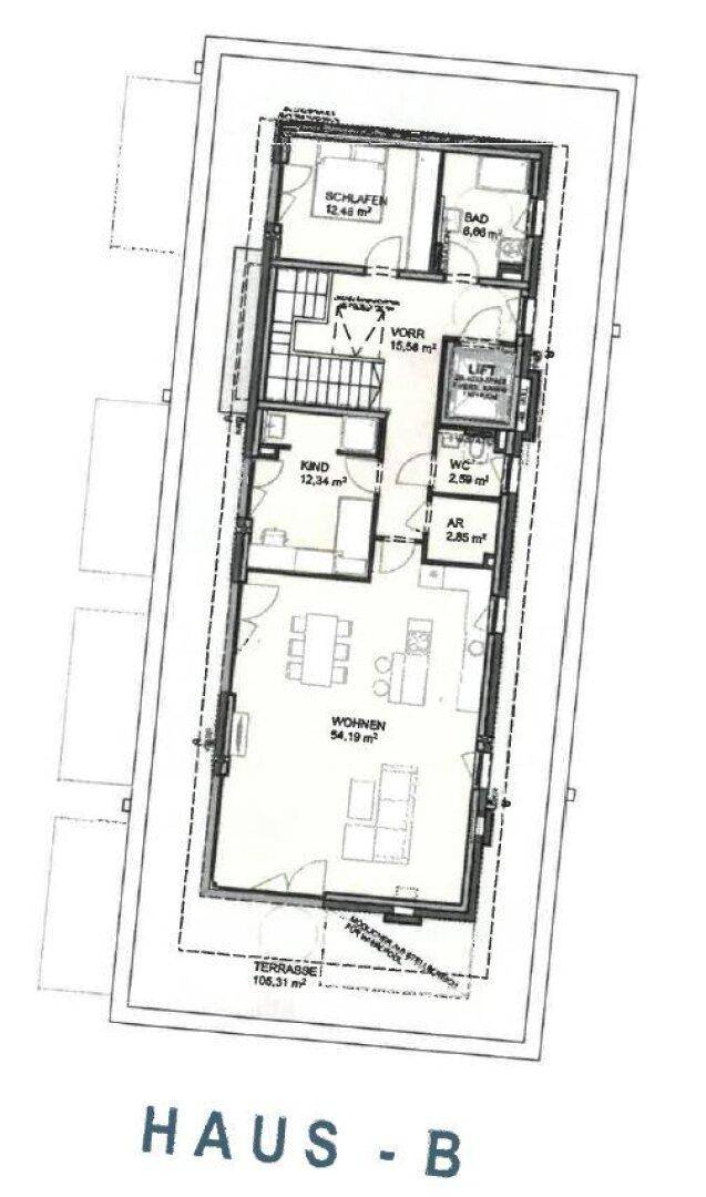 Grundriss von Haus B mit Wohnbereich, Schlafzimmern, Bädern und großer Terrasse.