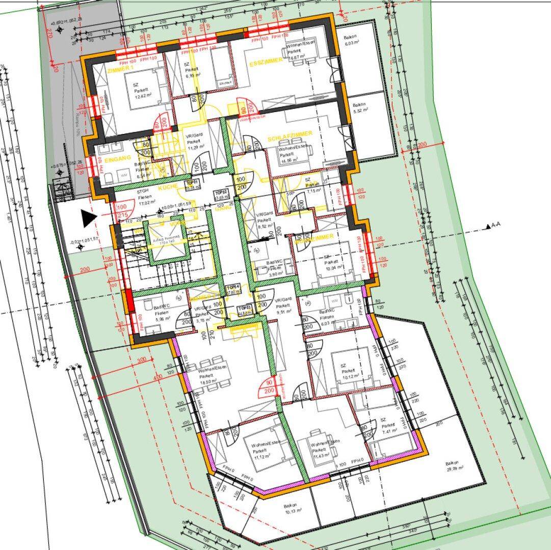 Umfassender Grundriss einer Etage mit Schlafzimmern, Bädern und Wohnbereichen.