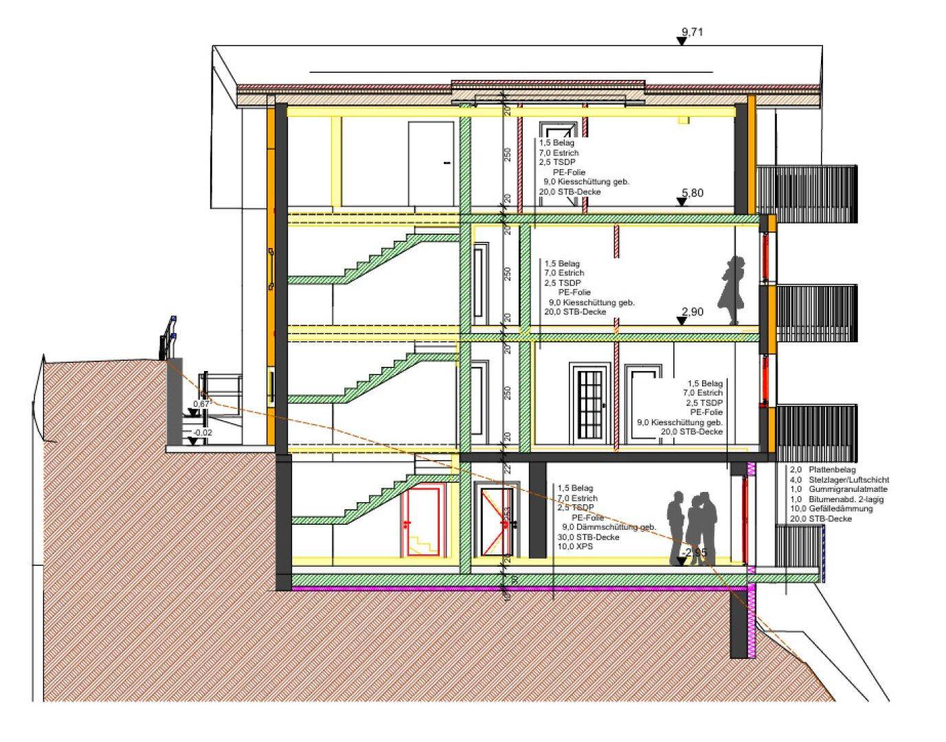 Gebäudeschnitt zeigt die vertikale Struktur mit mehreren Etagen, Treppen und Balkonen.