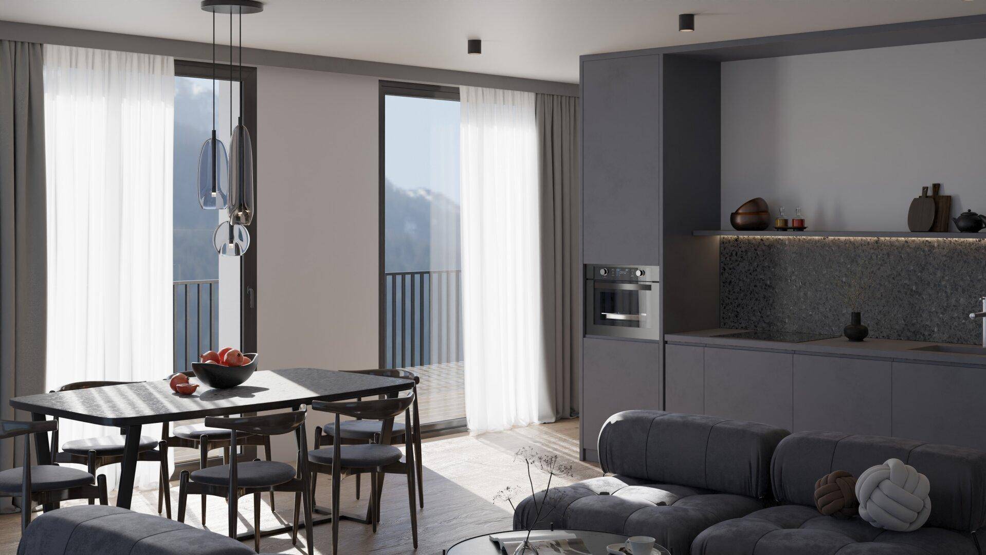 Moderne offene Küche und Essbereich mit Zugang zum Balkon und Bergblick.