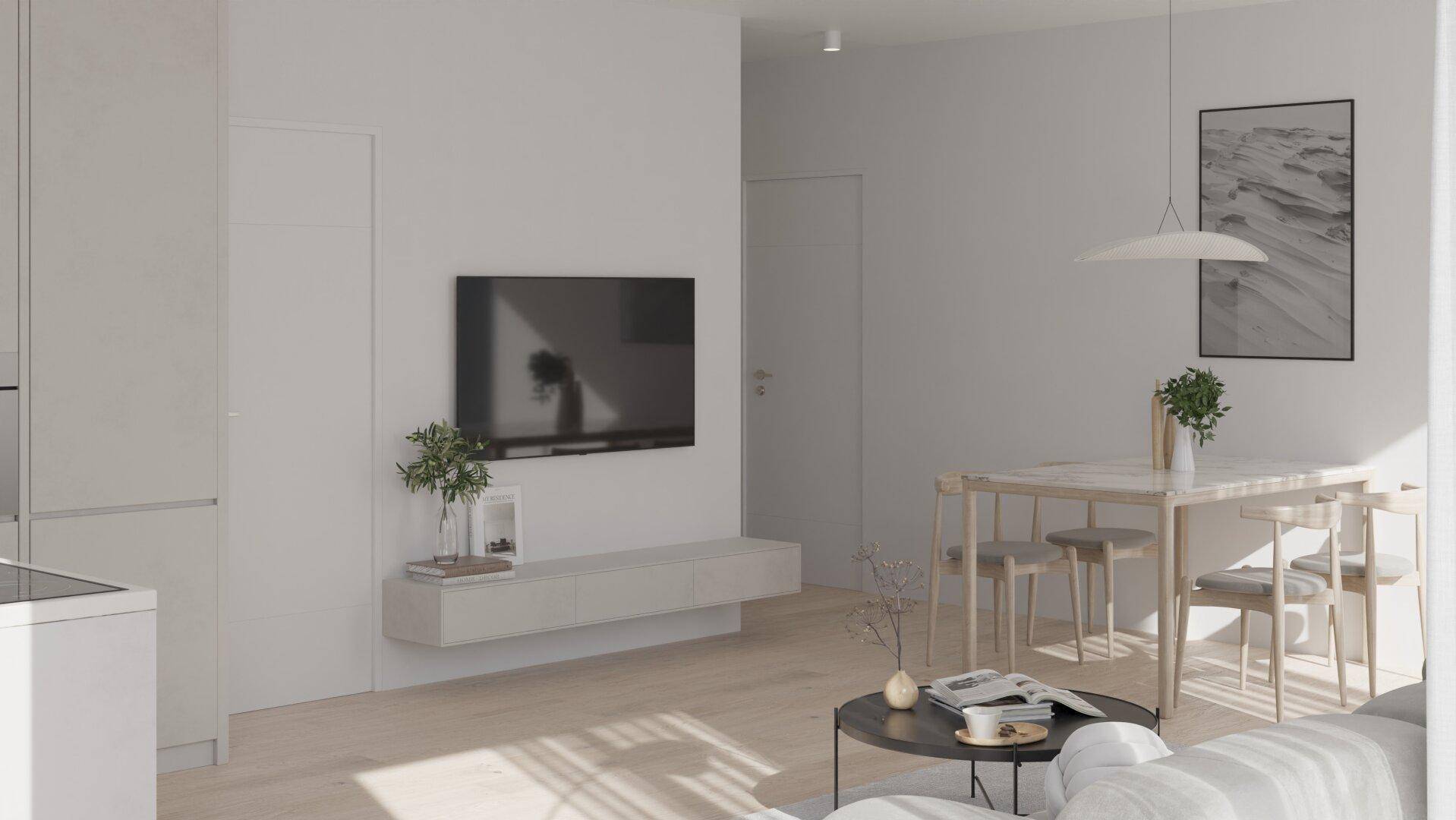 Minimalistischer Wohnbereich mit Fernseher, Esstisch und viel natürlichem Licht.