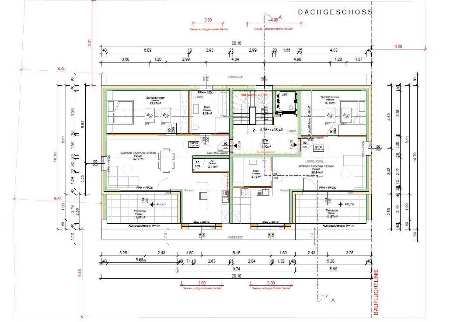 Grundriss des Dachgeschosses mit Wohnungen, Terrassen und Schrägdach.