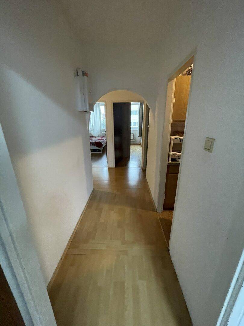 Schmaler Flur mit hellem Laminatboden und einem Bogen, der zu weiteren Wohnräumen führt.