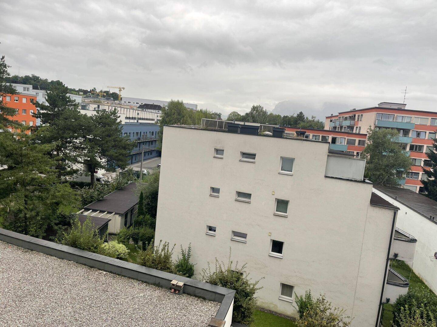 Blick auf umliegende Gebäude und grüne Bäume unter bewölktem Himmel, mit einer Dachterrasse im Vordergrund.