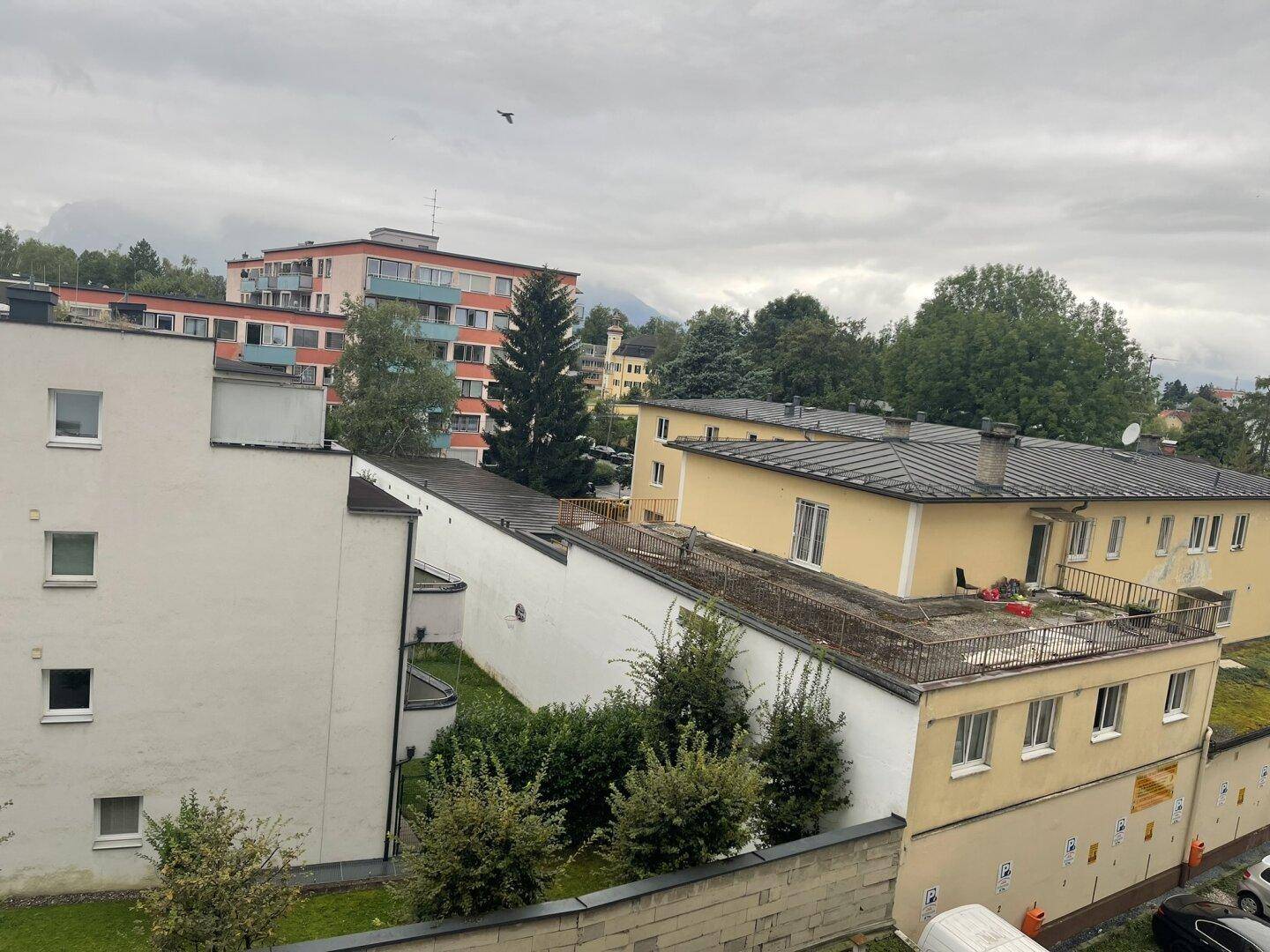 Weitläufiger Blick über Dächer und Wohngebäude mit viel Grün in der Umgebung unter bewölktem Himmel.