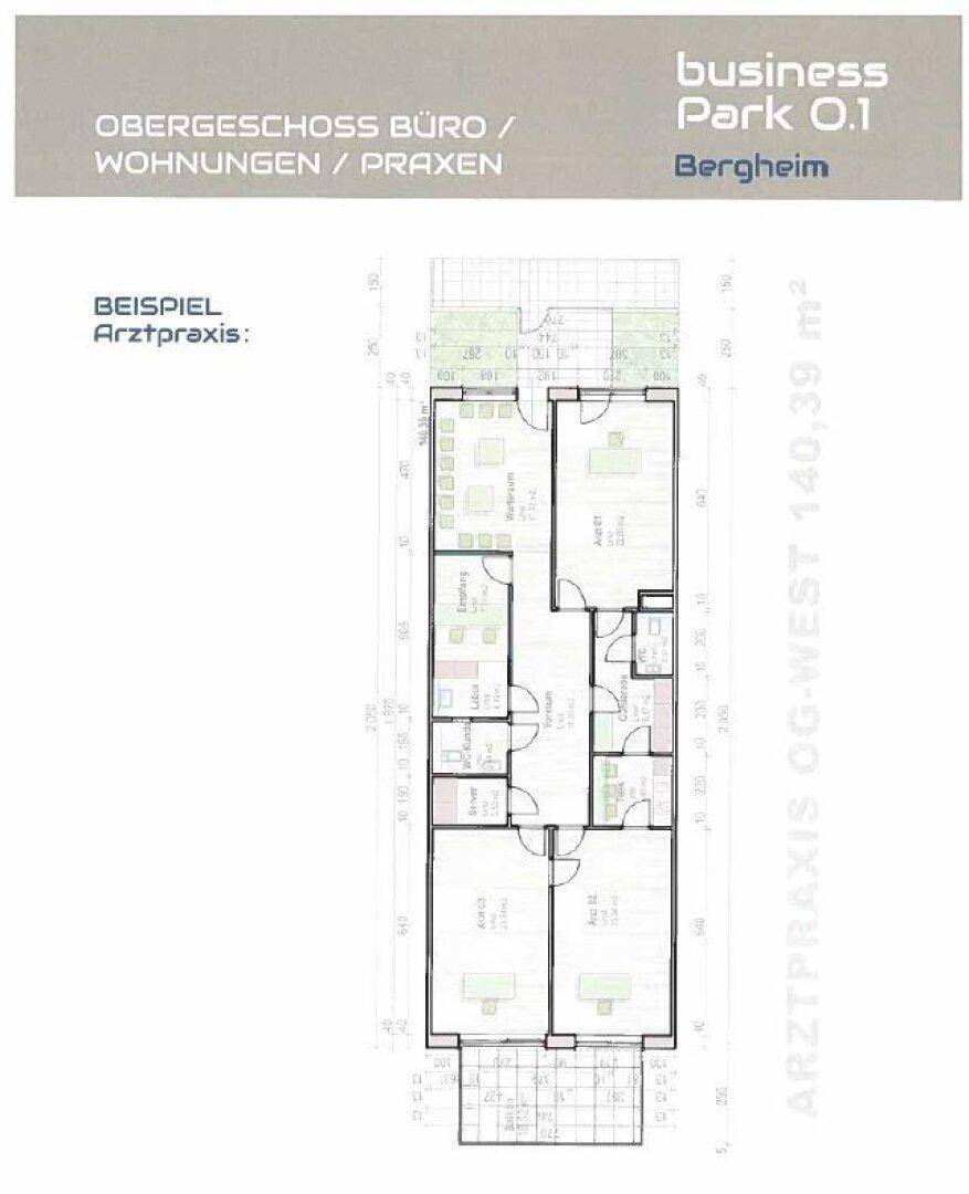 Grundriss einer Arztpraxis im Obergeschoss mit mehreren Behandlungsräumen und Wartebereich.