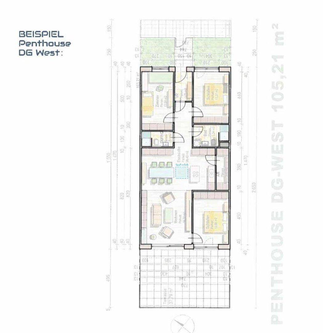 Grundriss eines Penthouse im Dachgeschoss mit drei Schlafzimmern und großer Terrasse.