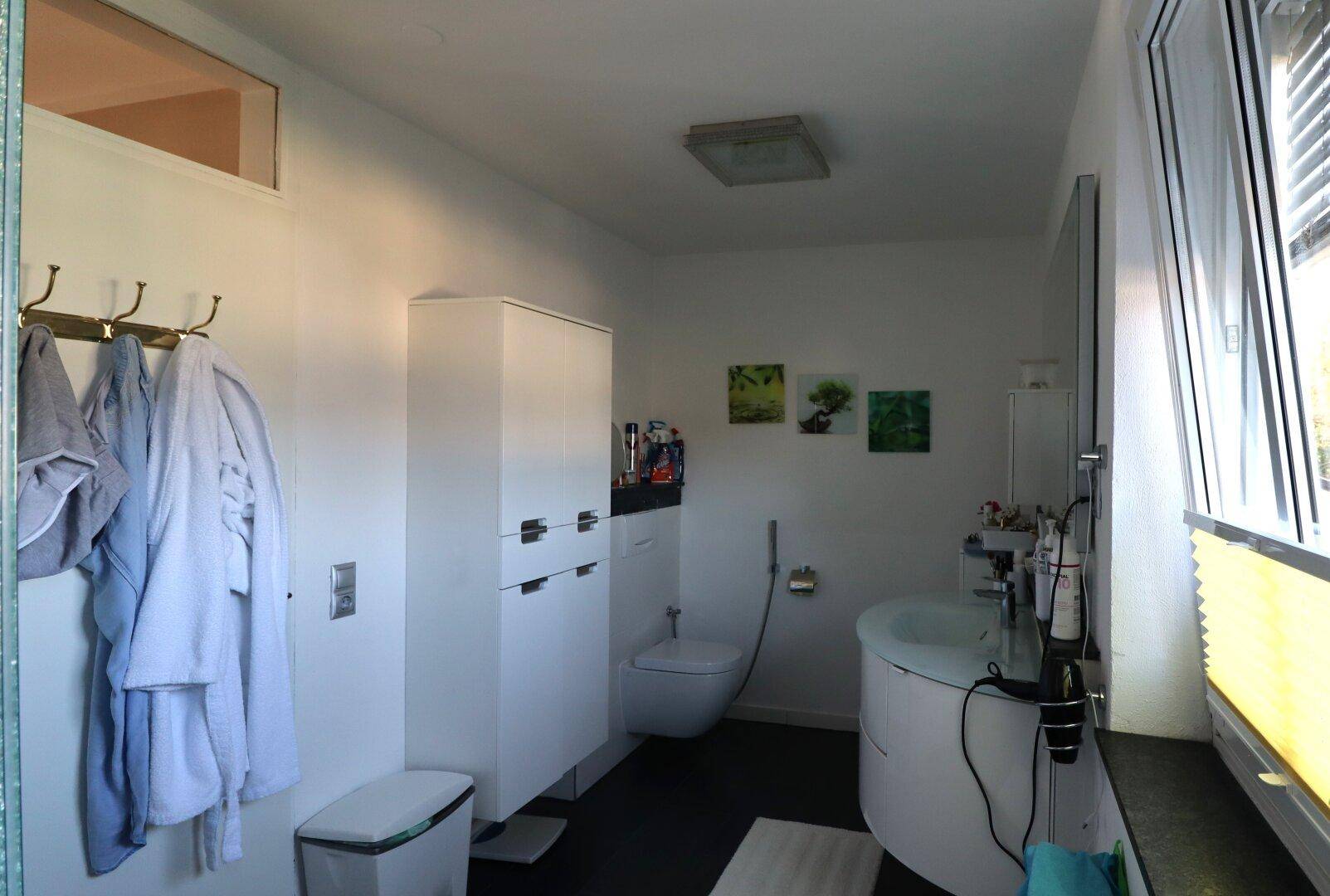 Badezimmer mit WC, Waschbecken und Spiegelschrank.