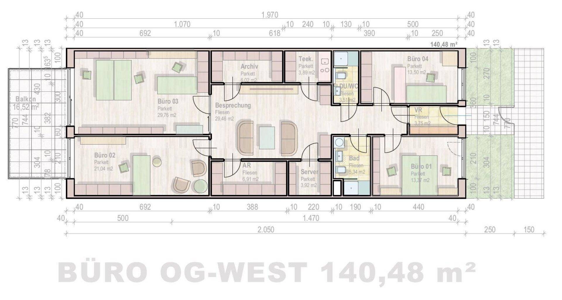 Detaillierter Grundrissplan eines Obergeschosses mit mehreren Räumen, zwei Bädern und einem Balkon.