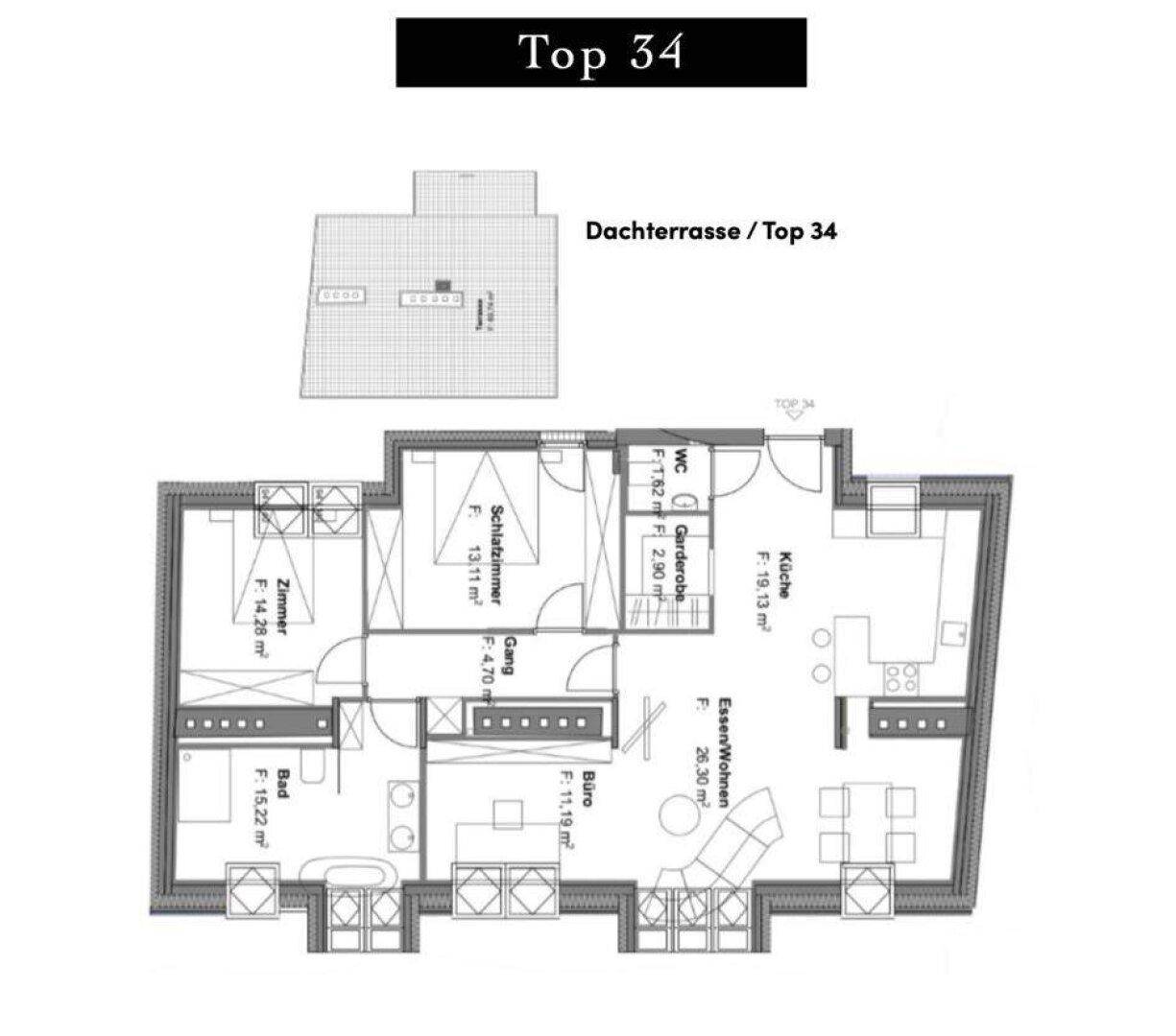 Grundriss der Dachgeschosswohnung "Top 34" mit Dachterrasse und offener Wohnküche.