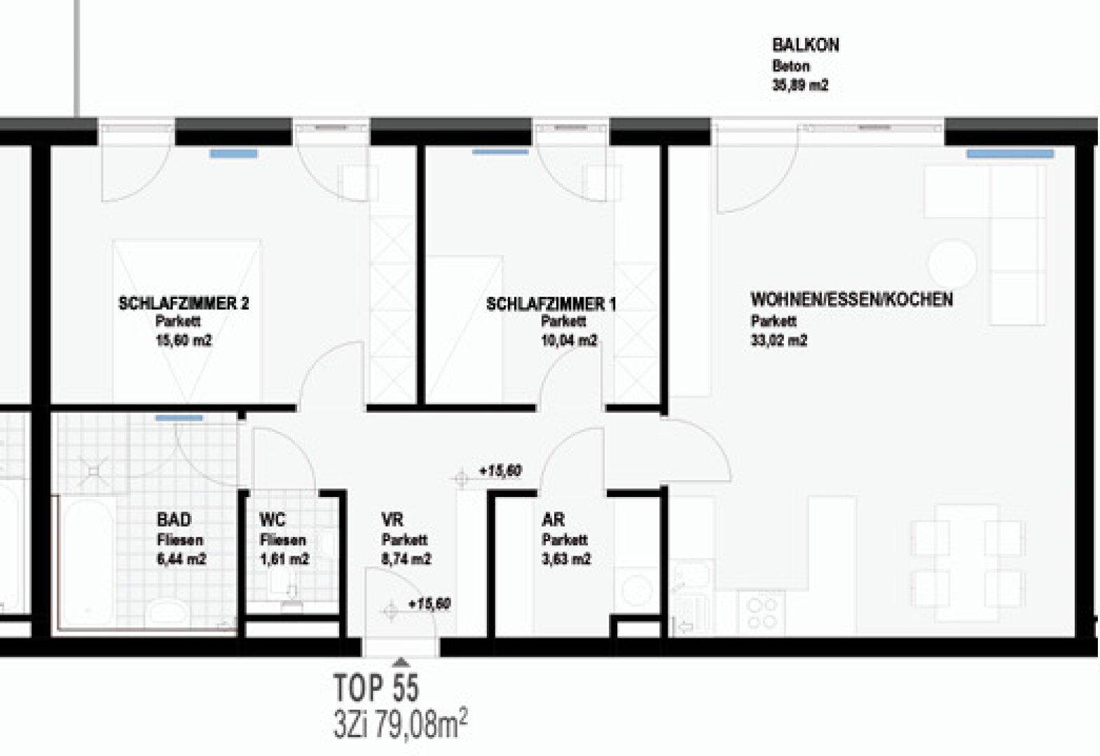 Grundriss der Wohnung mit drei Schlafzimmern, offenem Wohnbereich und großem Balkon.