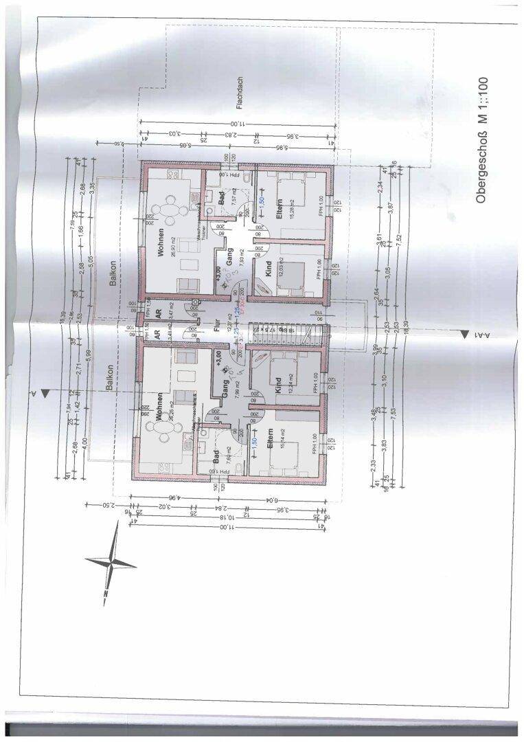 Grundriss des Obergeschosses mit zwei Wohneinheiten, jeweils mit Wohnzimmer, Schlafzimmern, Bad und Balkonen.