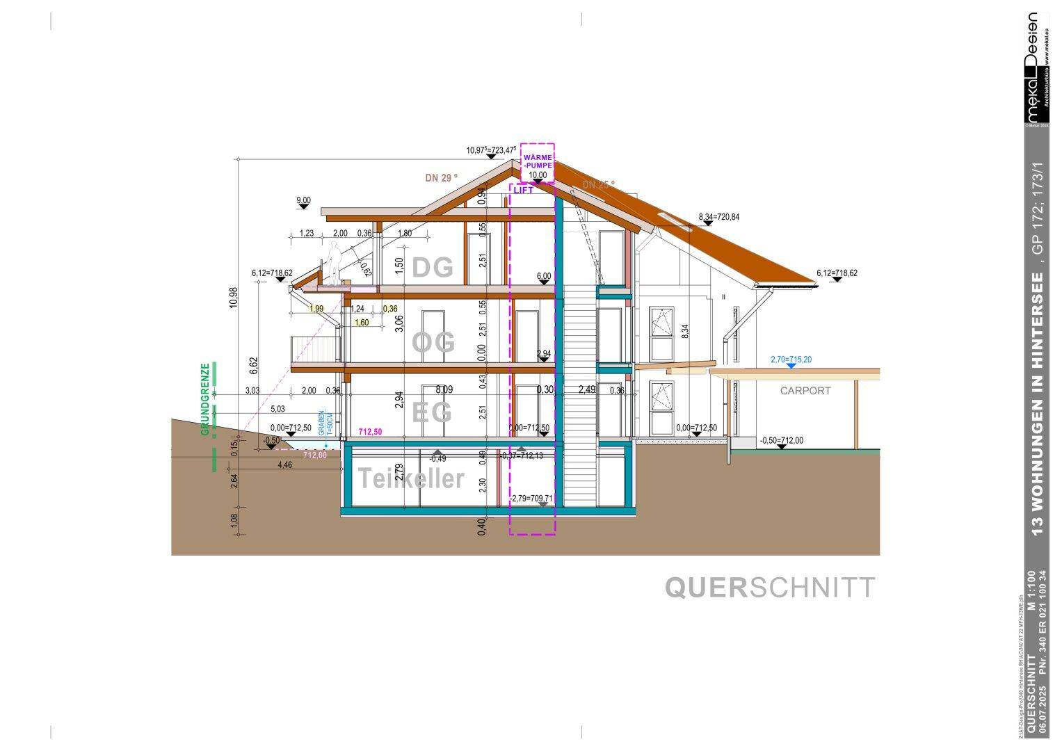 Gebäudequerschnitt zeigt die verschiedenen Stockwerke, den Aufzugschacht und den Carportbereich.