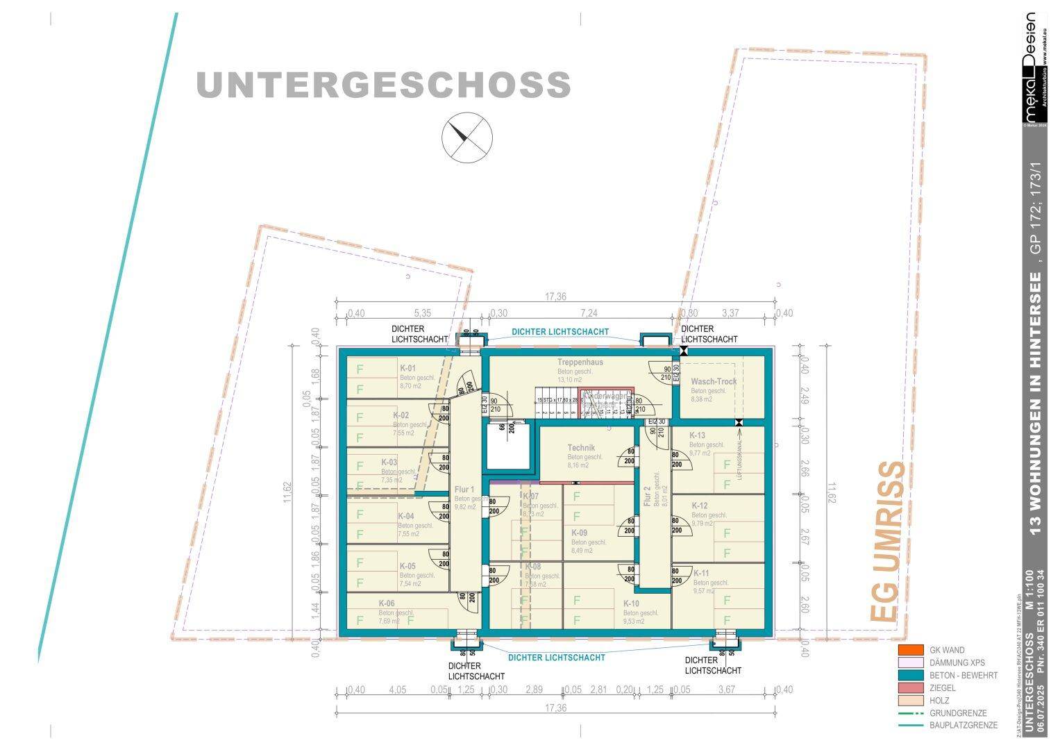 Grundriss des Untergeschosses mit mehreren Räumen, Treppenhaus und Lichtschächten für Belichtung.