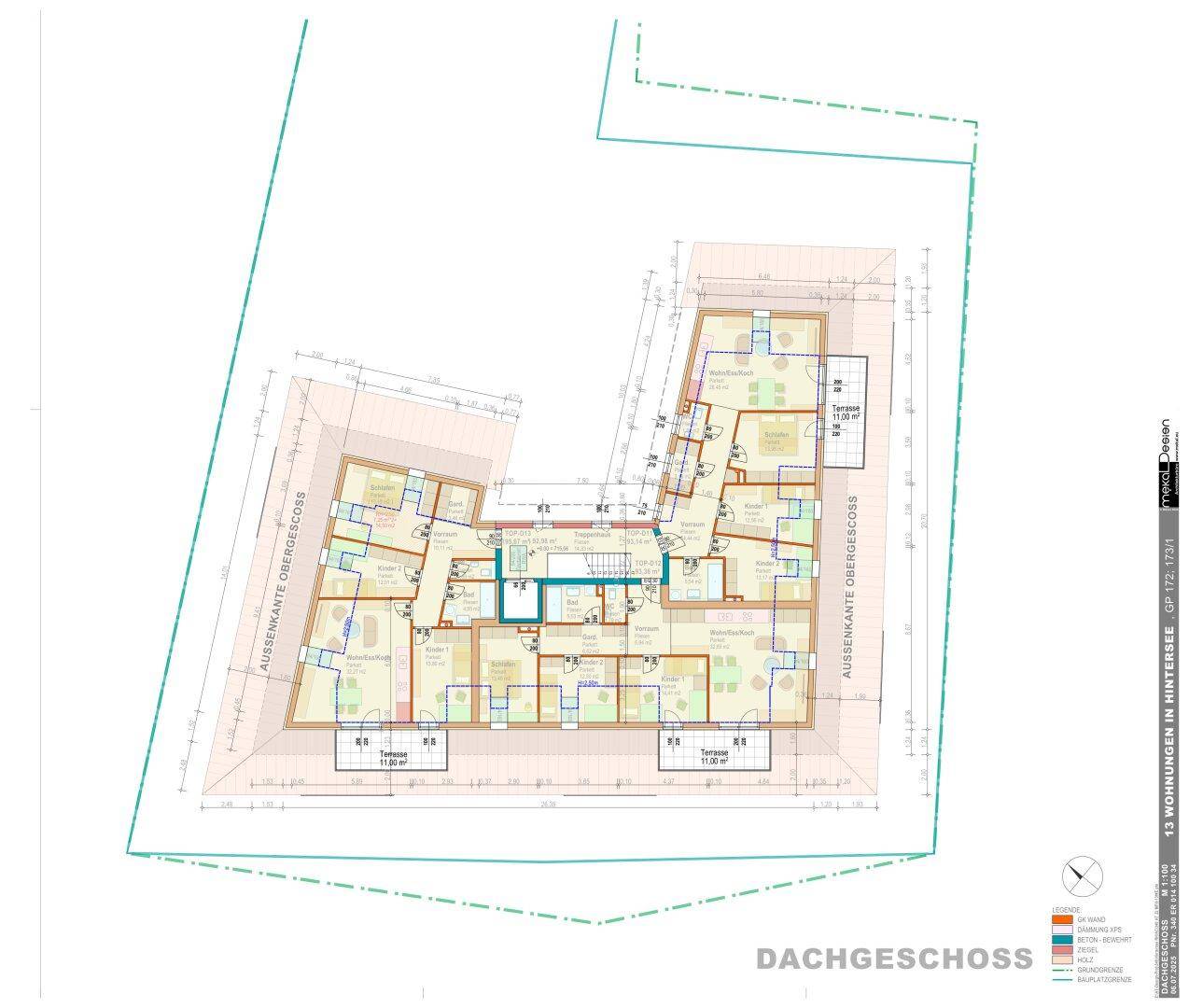Grundriss des Dachgeschosses mit mehreren Wohnungen, Terrassen und Dachschrägen.