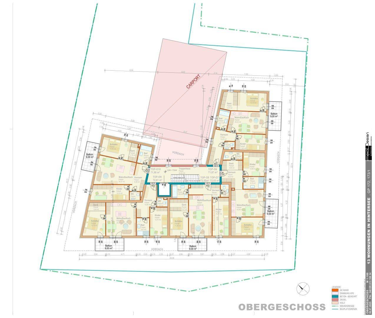 Grundriss des Obergeschosses mit mehreren Wohneinheiten, offenen Wohnbereichen und Balkonen.