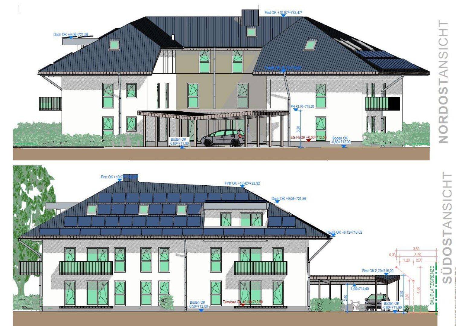 Nordost- und Südostansicht des Gebäudes mit Balkonen, Carport und Photovoltaik-Modulen auf dem Dach.