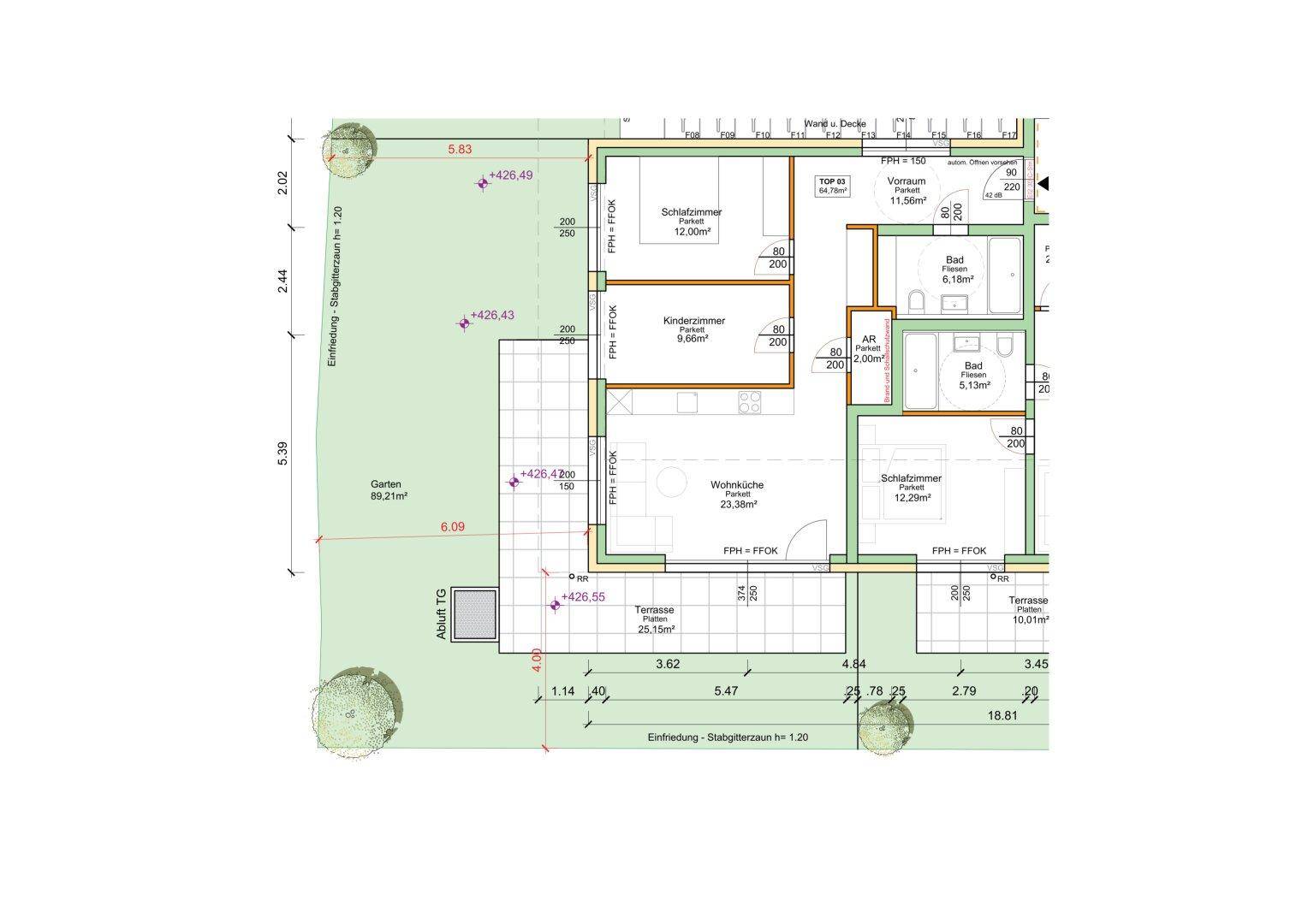Grundriss einer Erdgeschosswohnung mit privatem Gartenbereich und Terrasse.