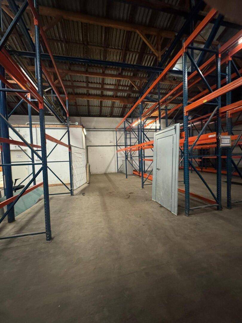 Geräumige Lagerhalle mit hohen Regalen, Betonboden und einer einfachen Tür im Hintergrund. Die Halle ist funktional und schlicht.