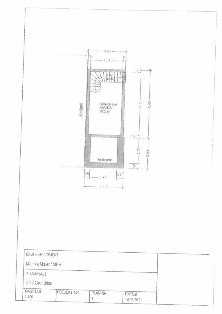 Grundriss des zweiten Untergeschosses mit Abstellraum und Fundament.
