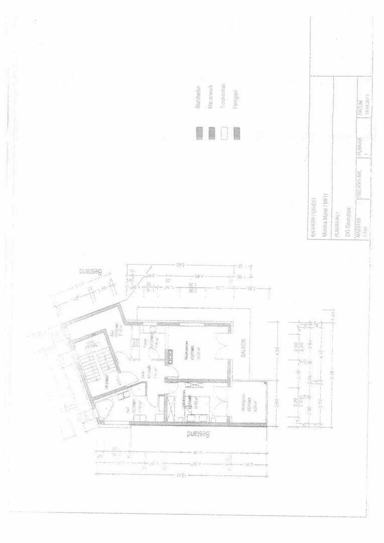 Grundriss des Obergeschosses mit Schlafzimmer, Bad, Küche und Balkon.