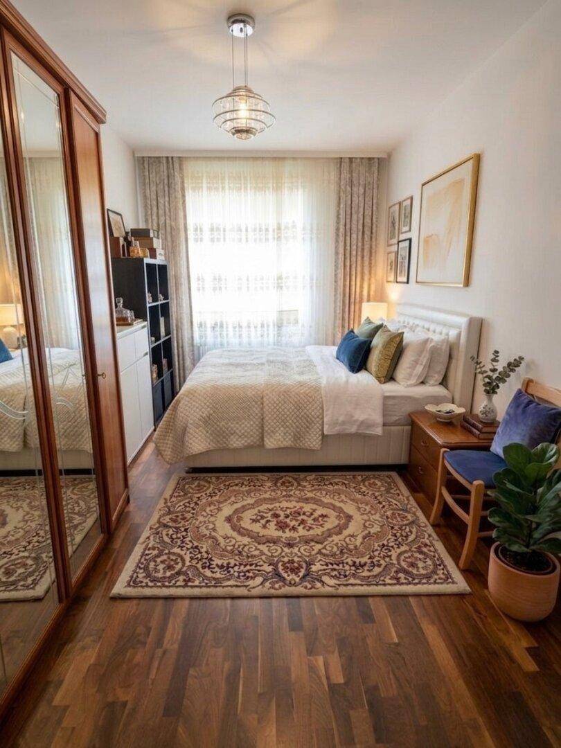Gemütliches Schlafzimmer mit Doppelbett, Holzschrank und Teppich auf Holzboden.