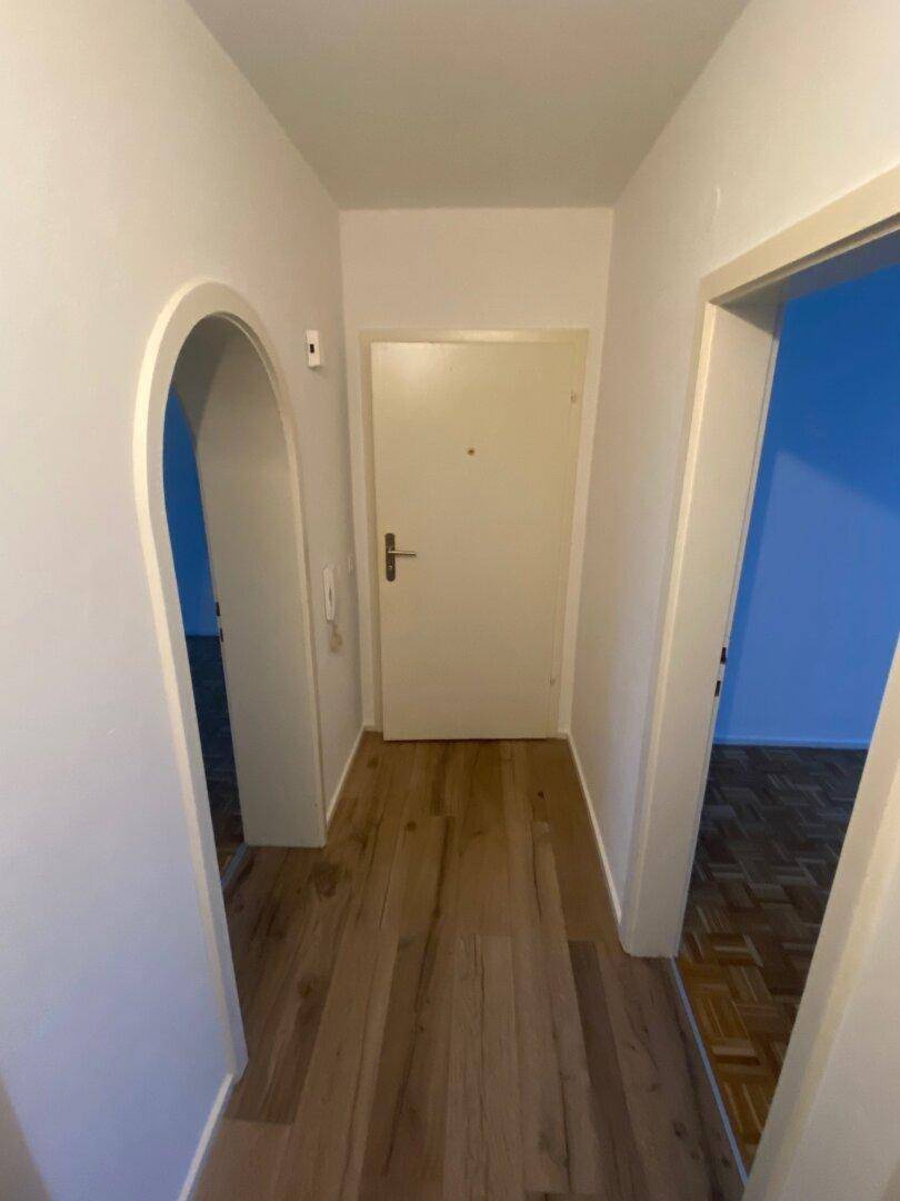 Heller Flur mit Laminatboden, weiß gestrichenen Wänden und einer Eingangstür, die zu weiteren Räumen führt.