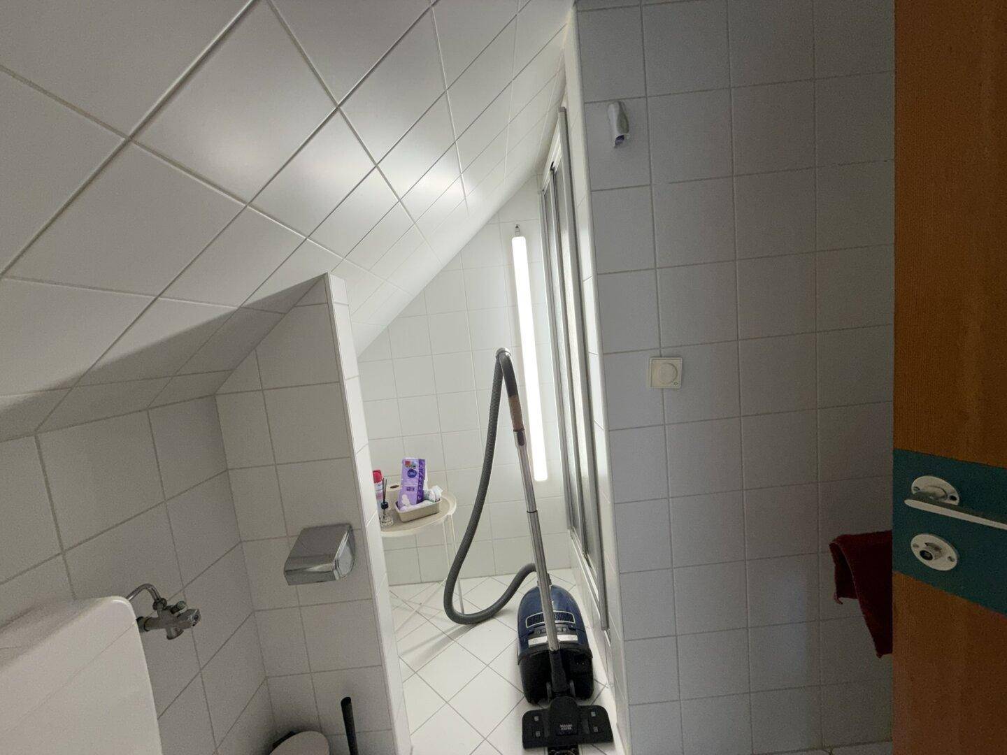 Badezimmer mit weißen Fliesen, Schrägdach und Duschbereich.