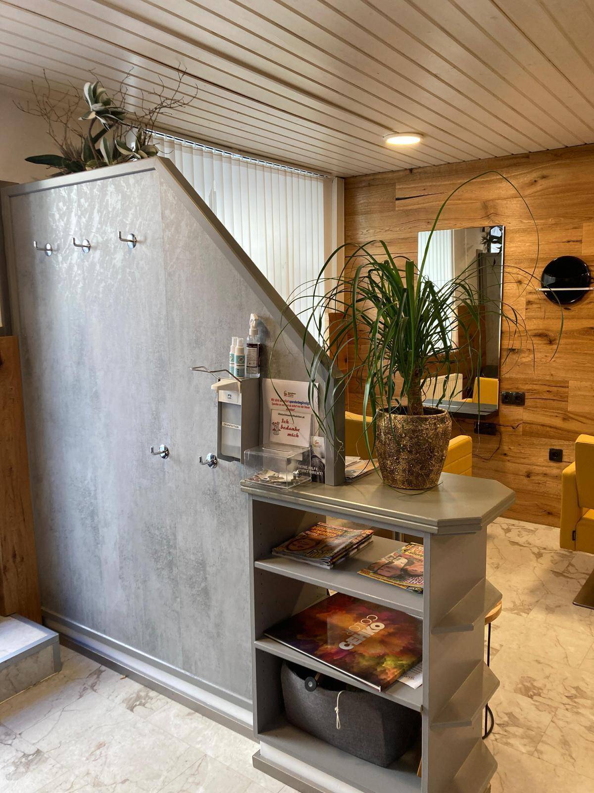 Wartebereich mit Garderobe, Pflanzen und Magazinregal, angrenzend an den Salon.