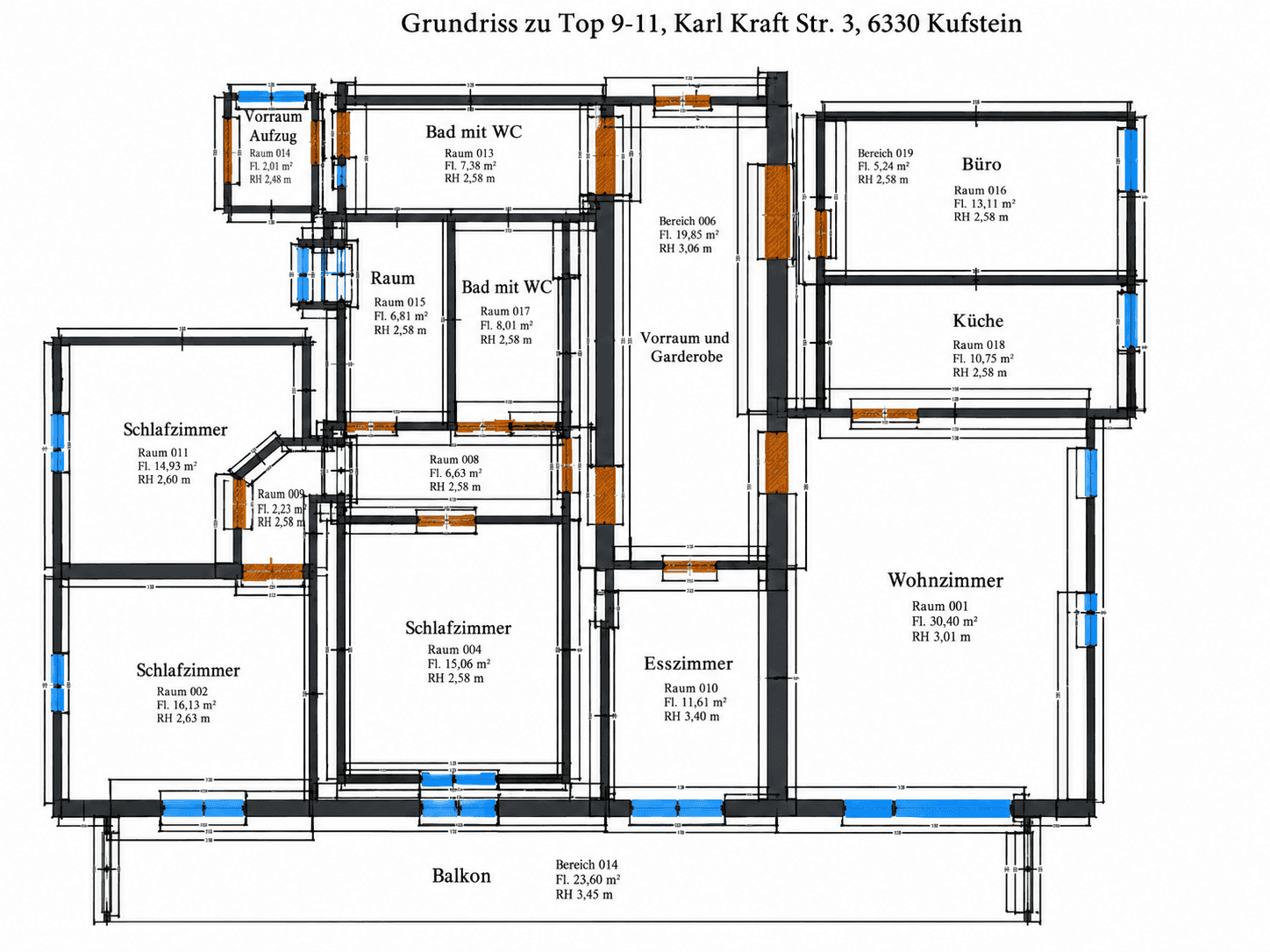 Grundriss der Wohnung Top 9-11 mit mehreren Schlafzimmern, Bädern und Balkon.