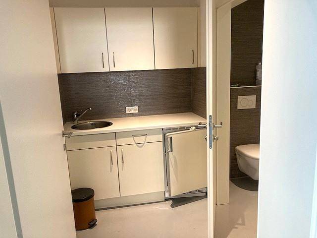 Kompakte Küchenzeile mit Spüle, Unterschränken und integriertem Kühlschrank, angrenzend an eine Toilette.